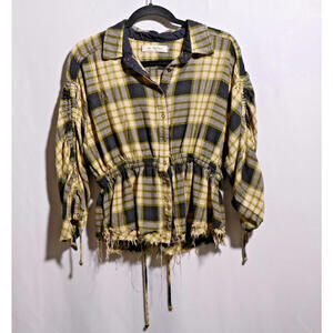 We the Free People Plaid Wool Blend Snap Top Grunge Dark‎ Academia Cinched Waist